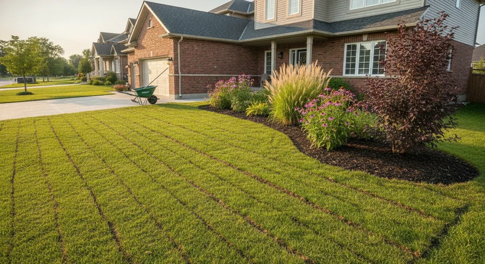 Freshly laid sod and a new mulched garden bed with perennials in front of a Kitchener, Ontario home
